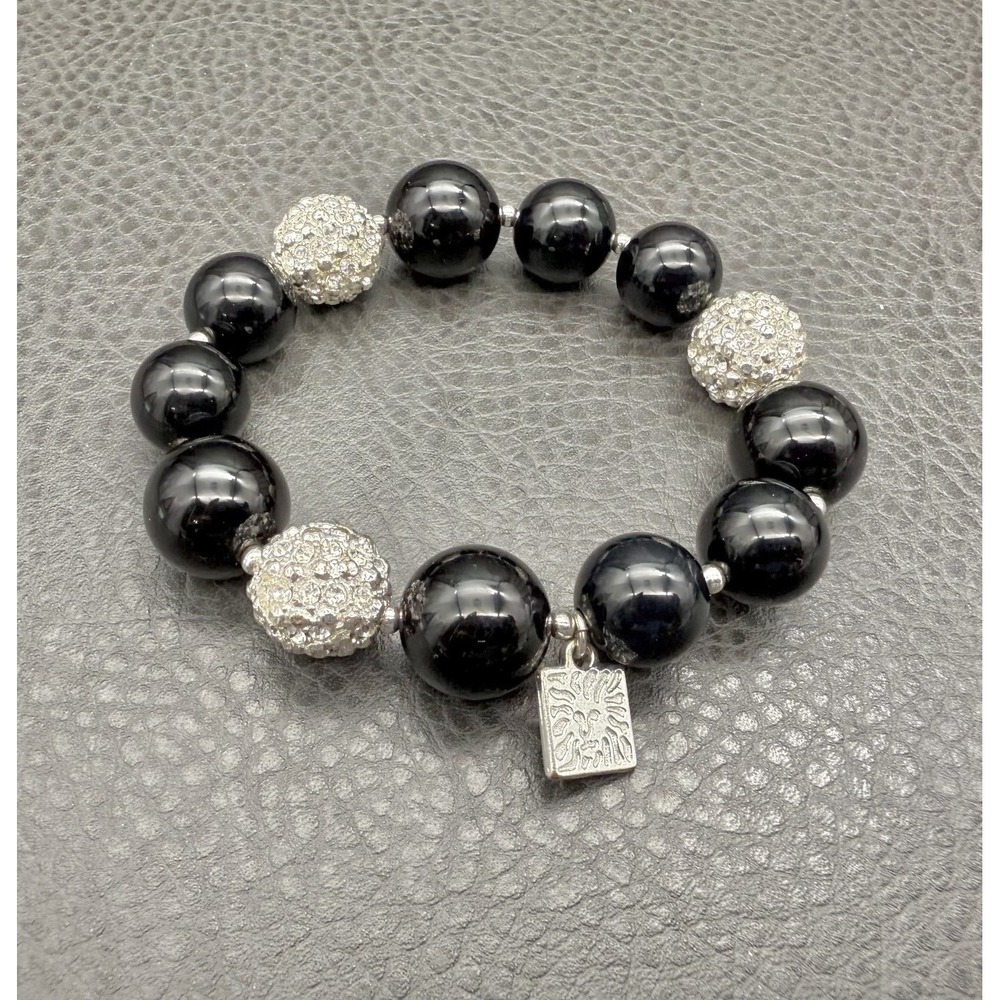 Anne Klein Bracelet Black Beaded Crystal Pave Ball Silver Tone Stretch Bangle 7"
